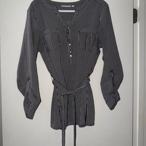 Notations Black White Striped Belted Blouse XL Roll Tab Sleeve
